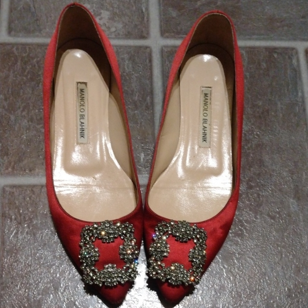 Manolo Blahnik Hangisi Red Satin Crystal with Embellishments Flats Size 36.5